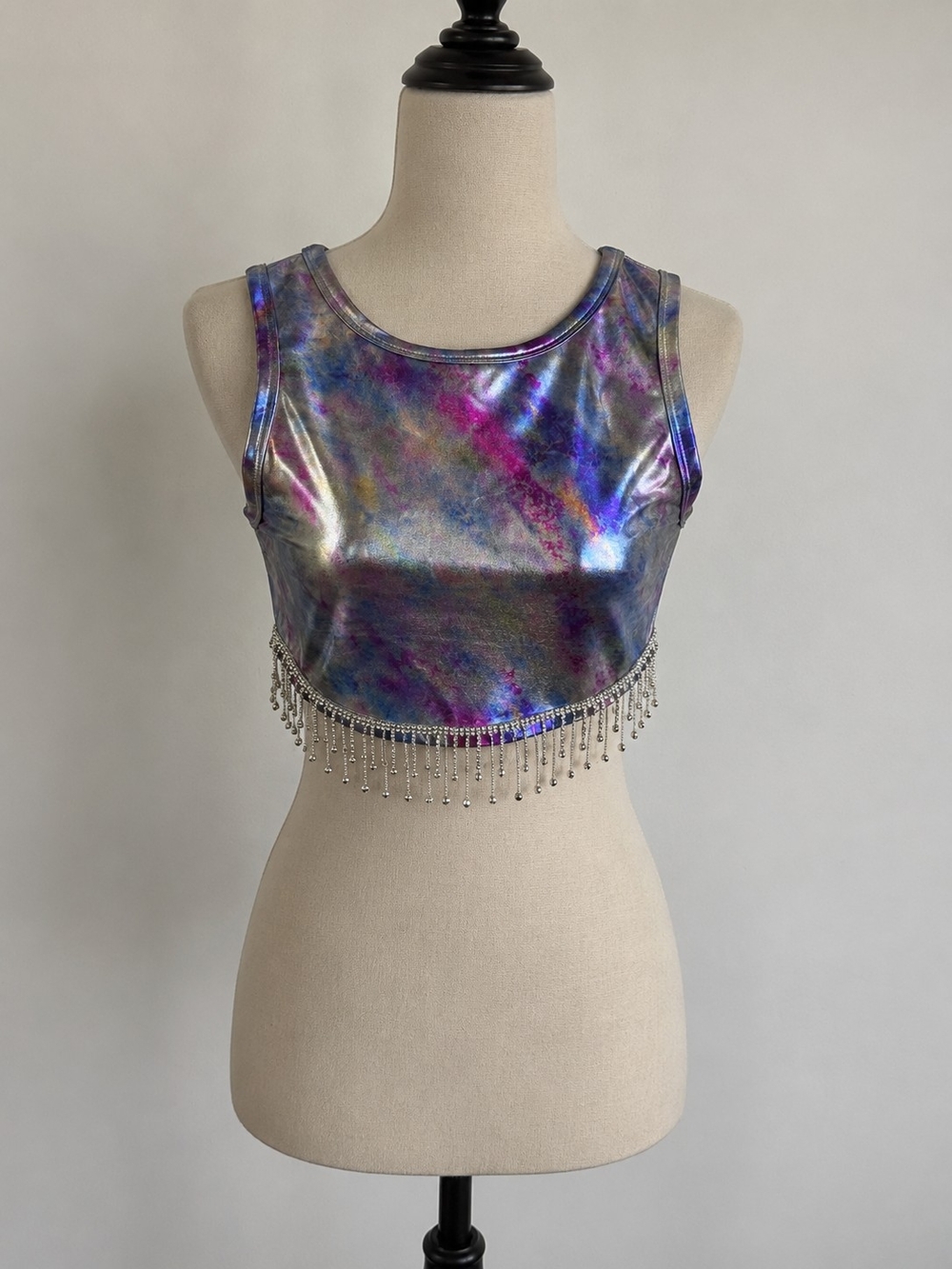 JJ's Fairyland Holographic Purple Multi Beaded Fringe Crop Top Nwt